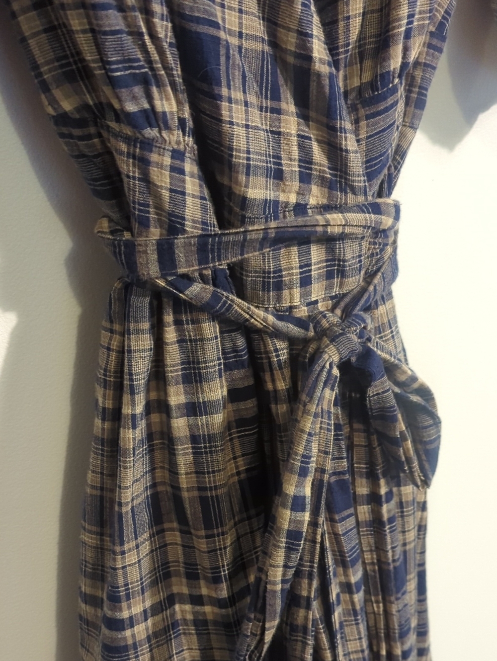 OAK + FORT navy and tan plaid cotton wrap dress - size large - Picture 4 of 9
